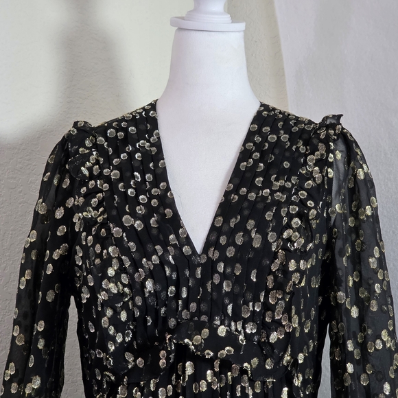 A Loves A Black Gold Metallic Dot Long Sleeve Dress | Party Mini Dress SZ M - Picture 2 of 14